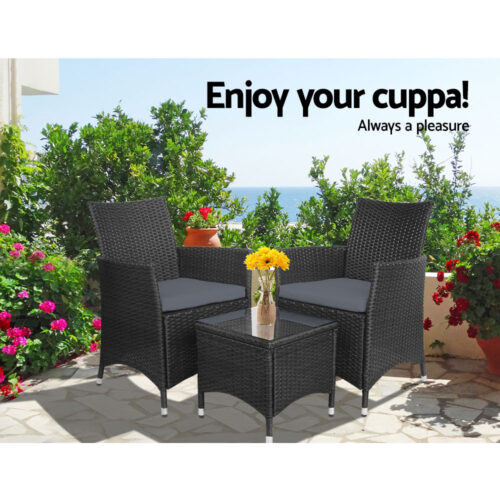 Gardeon 3PC Outdoor Bistro Set Patio Furniture Wicker Setting Chairs Table Cushion Black - Image 11