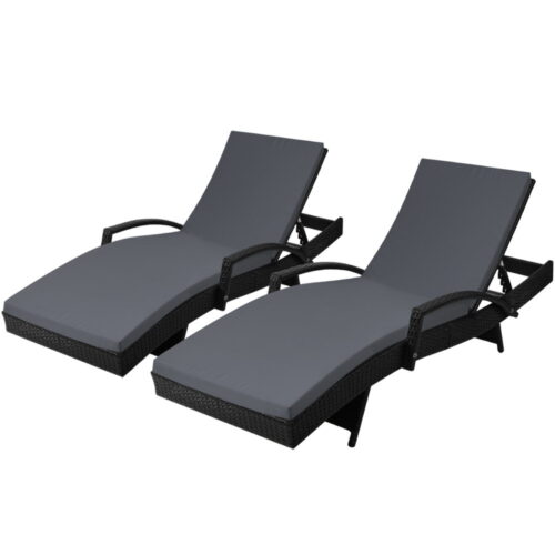 Gardeon 2PC Sun Lounge Wicker Lounger Outdoor Furniture Beach Chair Patio Adjustable Cushion Black - Image 2