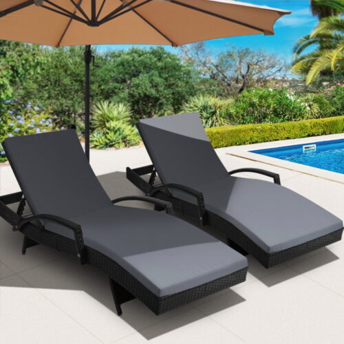 Gardeon 2PC Sun Lounge Wicker Lounger Outdoor Furniture Beach Chair Patio Adjustable Cushion Black - Image 9