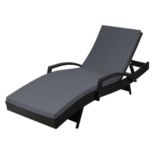 Gardeon Sun Lounge Wicker Lounger Outdoor Furniture Beach Chair Patio Adjustable Cushion Black - Image 2