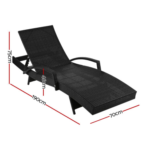Gardeon Sun Lounge Wicker Lounger Outdoor Furniture Beach Chair Patio Adjustable Cushion Black - Image 3