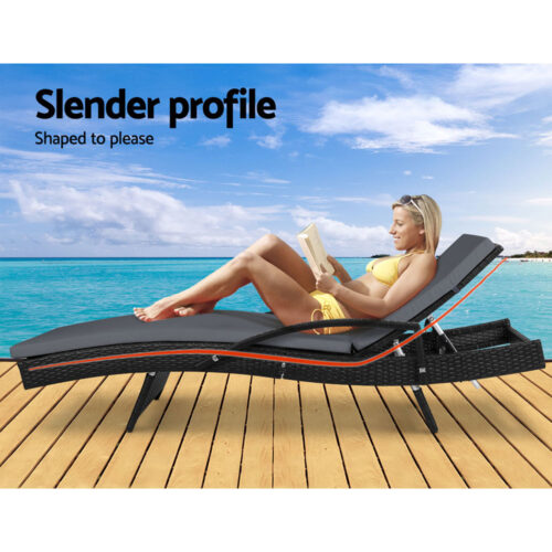 Gardeon Sun Lounge Wicker Lounger Outdoor Furniture Beach Chair Patio Adjustable Cushion Black - Image 6