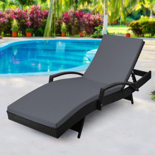 Gardeon Sun Lounge Wicker Lounger Outdoor Furniture Beach Chair Patio Adjustable Cushion Black - Image 9