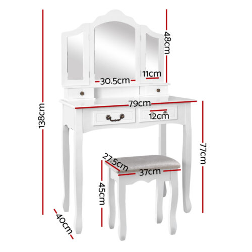 Artiss Dressing Table Stool Set Foldable Mirror White - Image 4