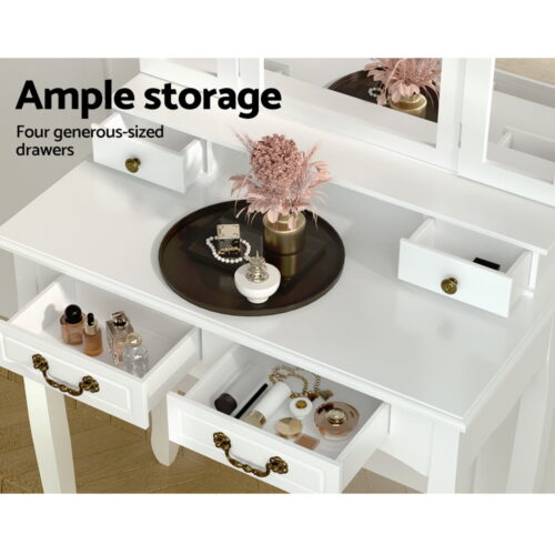 Artiss Dressing Table Stool Set Foldable Mirror White - Image 7