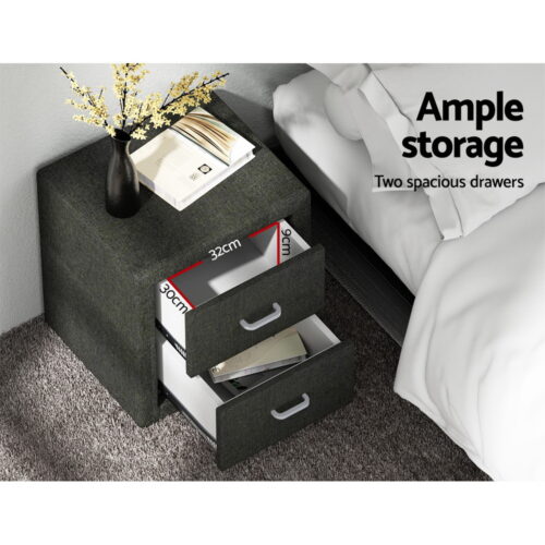 Artiss Bedside Table 2 Drawers Fabric - CADEN Charcoal - Image 5