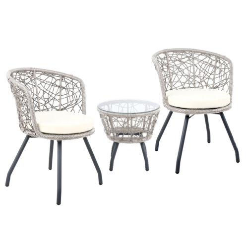Gardeon 3PC Bistro Set Outdoor Furniture Rattan Table Chairs Patio Garden Cushion Grey - Image 2
