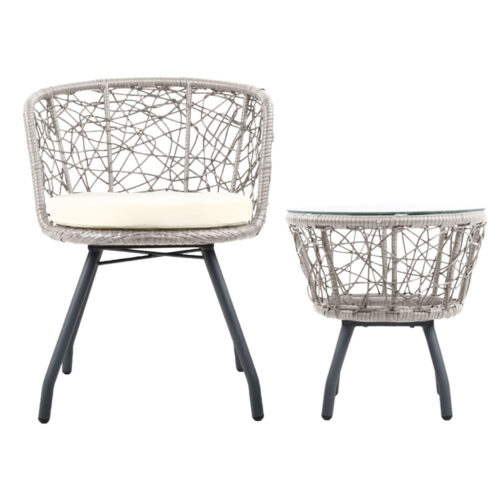 Gardeon 3PC Bistro Set Outdoor Furniture Rattan Table Chairs Patio Garden Cushion Grey - Image 4