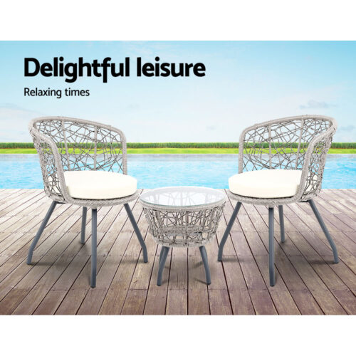 Gardeon 3PC Bistro Set Outdoor Furniture Rattan Table Chairs Patio Garden Cushion Grey - Image 8