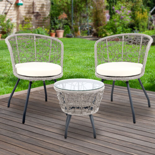 Gardeon 3PC Bistro Set Outdoor Furniture Rattan Table Chairs Patio Garden Cushion Grey - Image 9