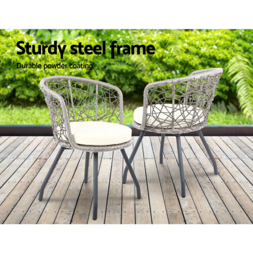 Gardeon 3PC Bistro Set Outdoor Furniture Rattan Table Chairs Patio Garden Cushion Grey - Image 10