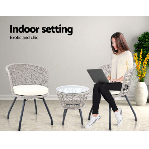 Gardeon 3PC Bistro Set Outdoor Furniture Rattan Table Chairs Patio Garden Cushion Grey - Image 12