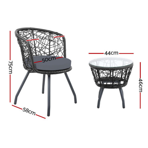 Gardeon 3PC Bistro Set Outdoor Furniture Rattan Table Chairs Patio Garden Cushion Black - Image 3