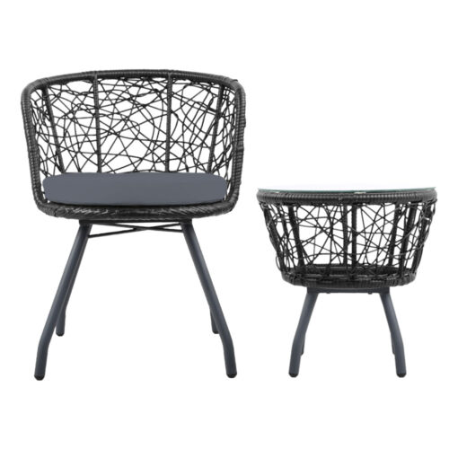 Gardeon 3PC Bistro Set Outdoor Furniture Rattan Table Chairs Patio Garden Cushion Black - Image 4