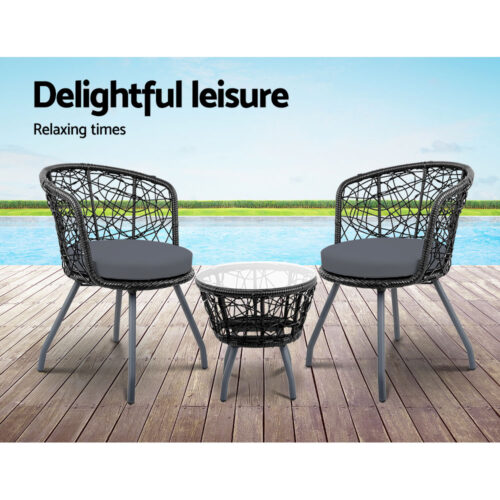 Gardeon 3PC Bistro Set Outdoor Furniture Rattan Table Chairs Patio Garden Cushion Black - Image 8