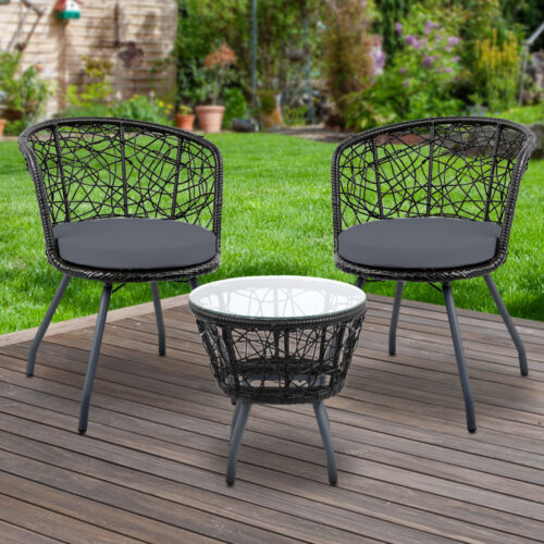Gardeon 3PC Bistro Set Outdoor Furniture Rattan Table Chairs Patio Garden Cushion Black - Image 9