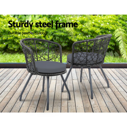 Gardeon 3PC Bistro Set Outdoor Furniture Rattan Table Chairs Patio Garden Cushion Black - Image 10