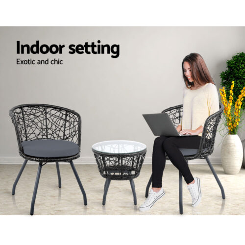Gardeon 3PC Bistro Set Outdoor Furniture Rattan Table Chairs Patio Garden Cushion Black - Image 12