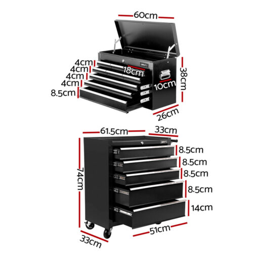 Giantz 14 Drawer Tool Box Cabinet Chest Mechanic Garage Storage Trolley Black - Image 3
