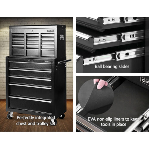 Giantz 14 Drawer Tool Box Cabinet Chest Mechanic Garage Storage Trolley Black - Image 6