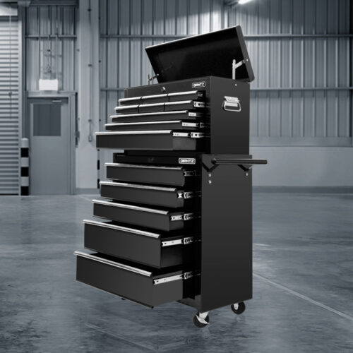 Giantz 14 Drawer Tool Box Cabinet Chest Mechanic Garage Storage Trolley Black - Image 9