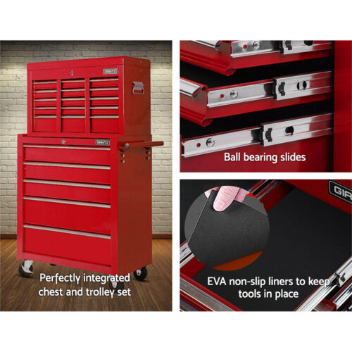 Giantz 14 Drawer Tool Box Cabinet Chest Mechanic Garage Storage Trolley Red - Image 6