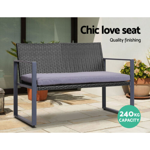Gardeon 4 PCS Outdoor Sofa Set Rattan Furniture Glass Top Table Chairs Black - Image 3