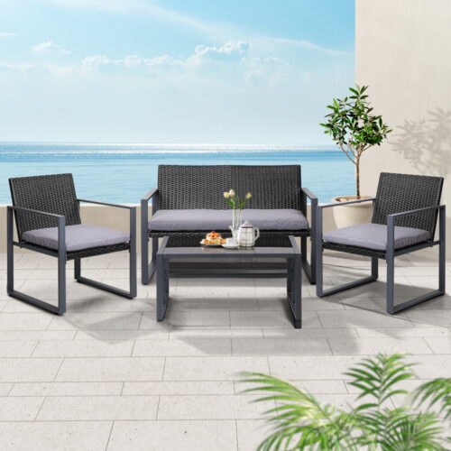 Gardeon 4 PCS Outdoor Sofa Set Rattan Furniture Glass Top Table Chairs Black - Image 8