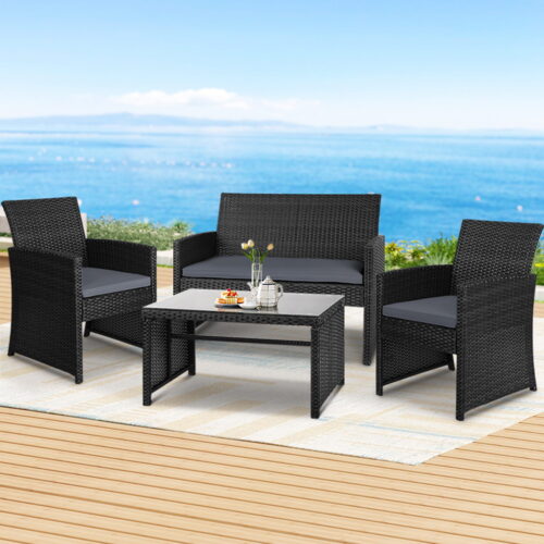 Gardeon 4 PCS Outdoor Sofa Set Rattan Chair Table Setting Garden Furniture Black - Image 7