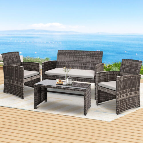 Gardeon 4 PCS Outdoor Sofa Set Rattan Chair Table Setting Garden Furniture Grey - Image 7