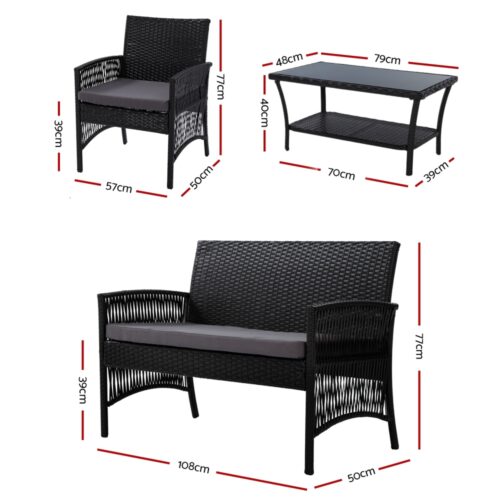 Gardeon 4PCS Outdoor Sofa Set Wicker Harp Chair Table Garden Furniture Black - Image 2