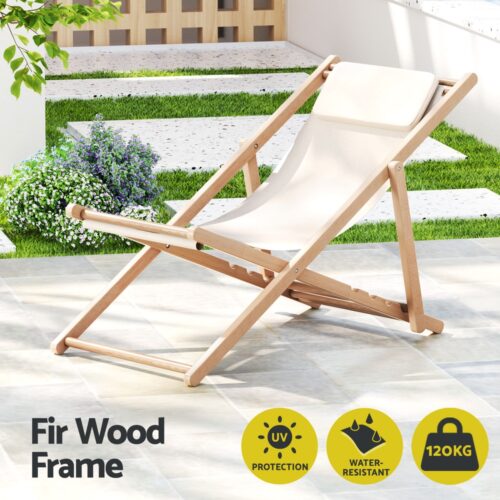 Gardeon Outdoor Deck Chair Wooden Sun Lounge Folding Beach Patio Furniture Beige - Image 4