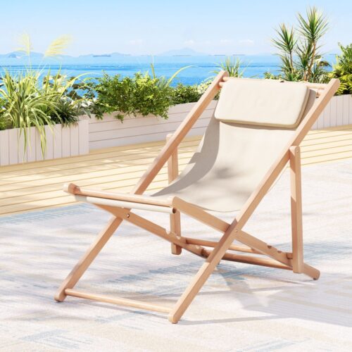 Gardeon Outdoor Deck Chair Wooden Sun Lounge Folding Beach Patio Furniture Beige - Image 8