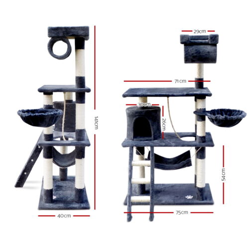 i.Pet Cat Tree 141cm Tower Scratching Post Scratcher Condo Wood House Bed Grey - Image 2