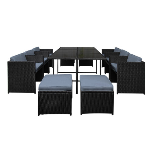 Gardeon Outdoor Dining Set 11 Piece Wicker Table Chairs Setting Black - Image 3