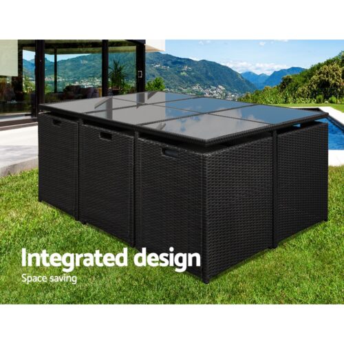 Gardeon Outdoor Dining Set 11 Piece Wicker Table Chairs Setting Black - Image 4