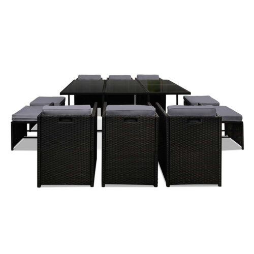 Gardeon Outdoor Dining Set 11 Piece Wicker Table Chairs Setting Black - Image 7