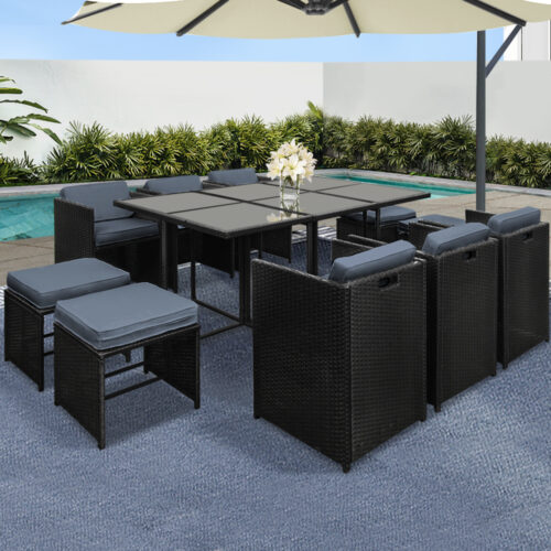 Gardeon Outdoor Dining Set 11 Piece Wicker Table Chairs Setting Black - Image 8