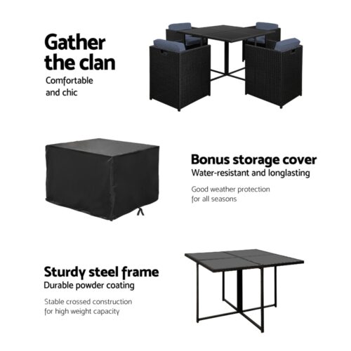 Gardeon Outdoor Dining Set 5 Piece Wicker Table Chairs Setting Black - Image 4