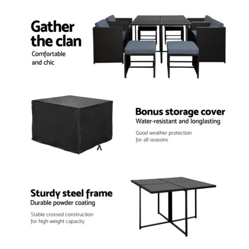 Gardeon Outdoor Dining Set 9 Piece Wicker Table Chairs Setting Black - Image 5