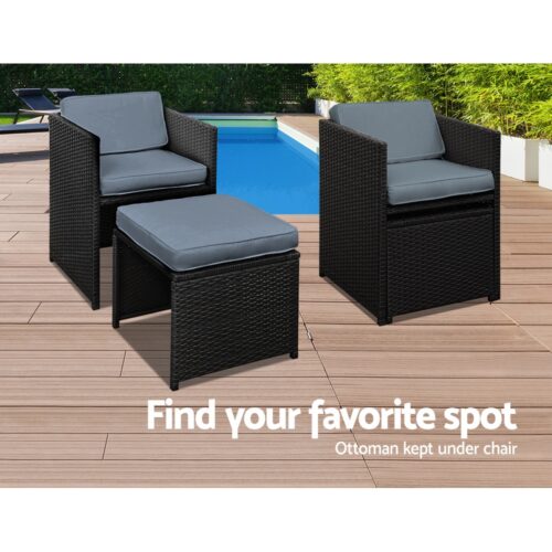 Gardeon Outdoor Dining Set 9 Piece Wicker Table Chairs Setting Black - Image 6