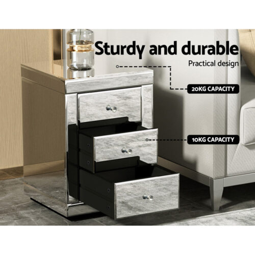 Artiss Bedside Table 3 Drawers Mirrored - PRESIA Silver - Image 5