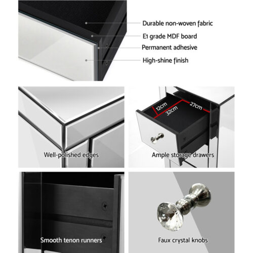 Artiss Bedside Table 3 Drawers Mirrored - PRESIA Silver - Image 6