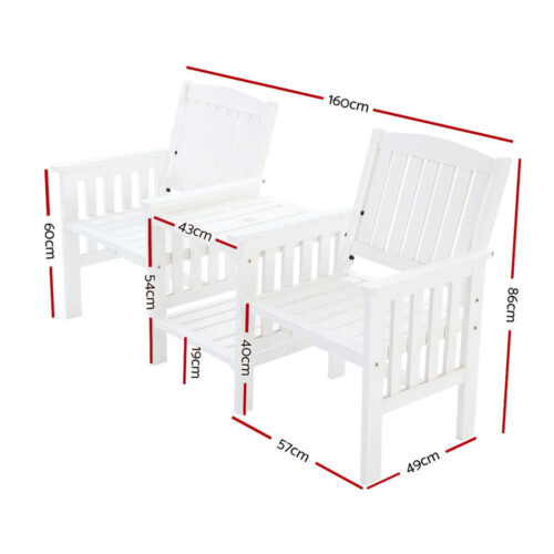 Gardeon Outdoor Garden Bench Loveseat Wooden Table Chairs Patio Furniture White - Image 2