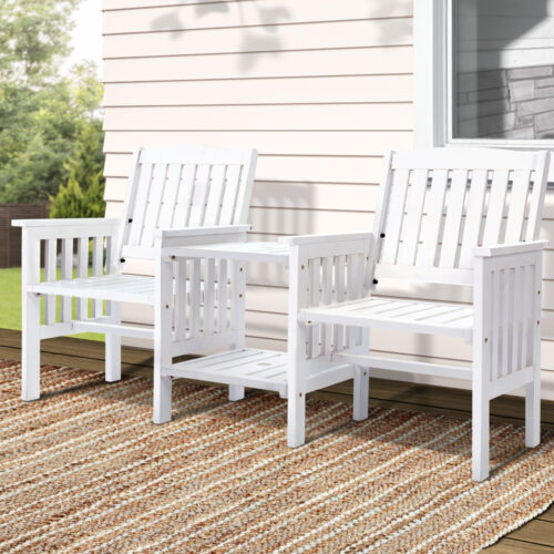 Gardeon Outdoor Garden Bench Loveseat Wooden Table Chairs Patio Furniture White - Image 8