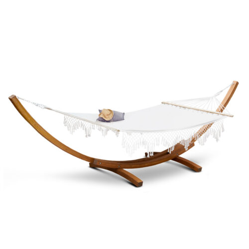 Gardeon Hammock Bed Outdoor Camping Garden Tassel Timber Hammock White - Image 2