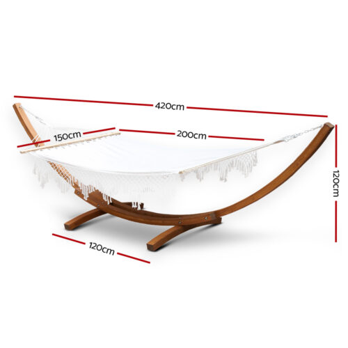 Gardeon Hammock Bed Outdoor Camping Garden Tassel Timber Hammock White - Image 3