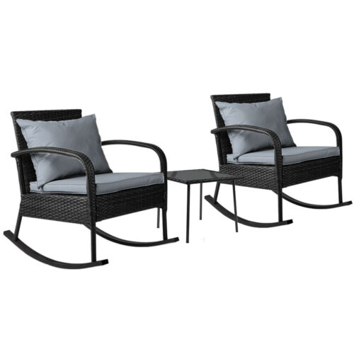 Gardeon 3PC Rocking Chair Table Wicker Outdoor Furniture Patio Bistro Set Black - Image 2