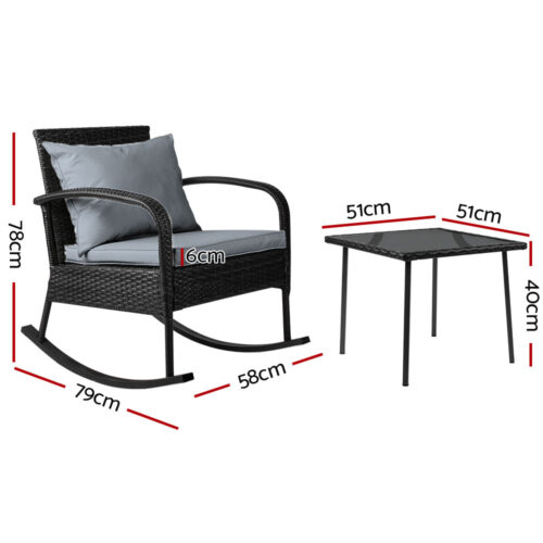 Gardeon 3PC Rocking Chair Table Wicker Outdoor Furniture Patio Bistro Set Black - Image 3