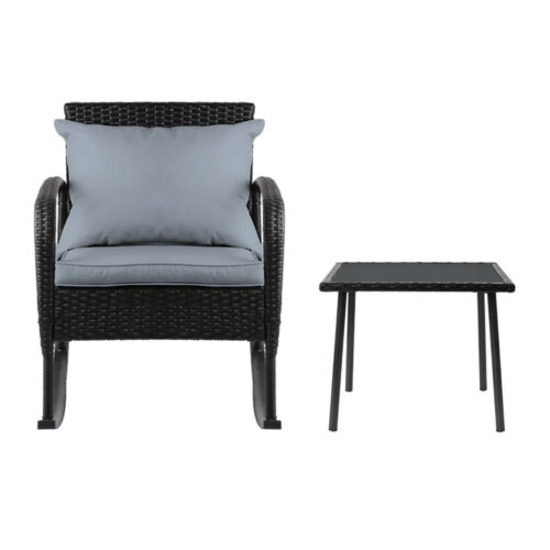 Gardeon 3PC Rocking Chair Table Wicker Outdoor Furniture Patio Bistro Set Black - Image 4